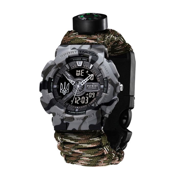 Patriot 005 Тризуб срібло Сірий камуфляж Паракордовий ремінець Camo Green + Коробк