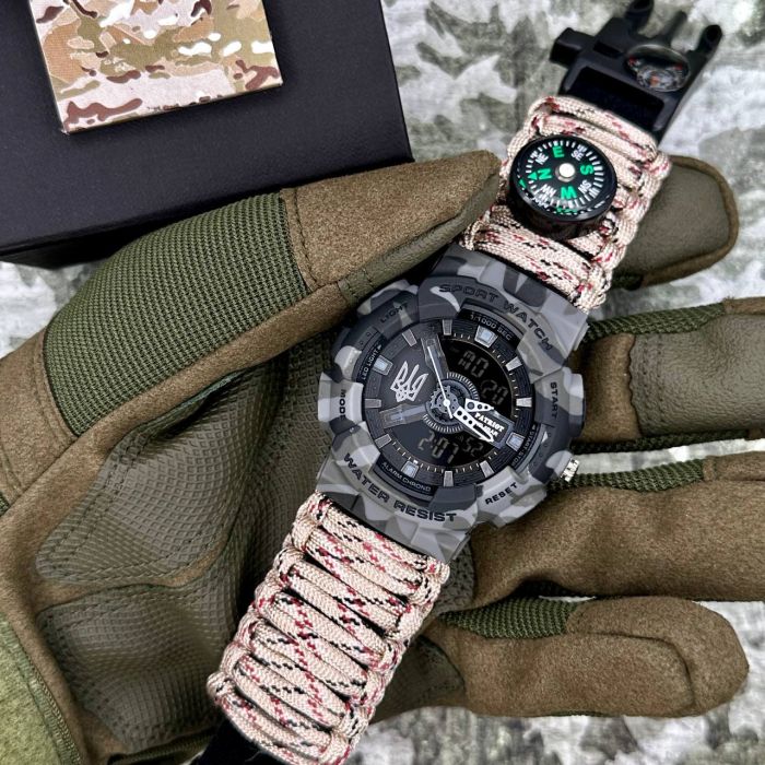 Patriot 005 Тризуб срібло Сірий камуфляж Паракордовий ремінець Desert Camo + Короб