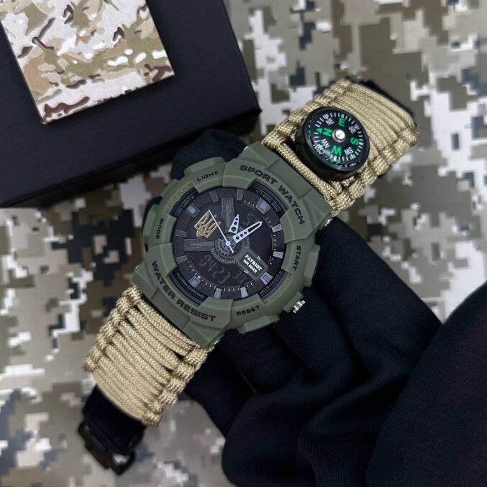 Patriot 005 Тризуб золото Army Green Паракордовий ремінець Khaki + Коробка.