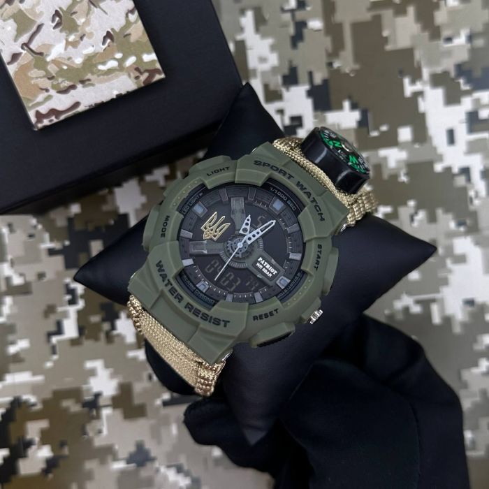Patriot 005 Тризуб золото Army Green Паракордовий ремінець Khaki + Коробка.