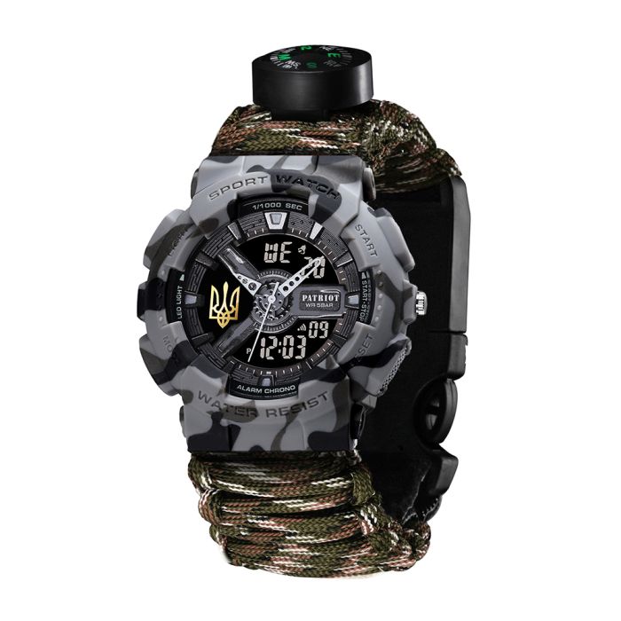 Patriot 005 Тризуб золото Сірий камуфляж Паракордовий ремінець Camo Green+Коробка