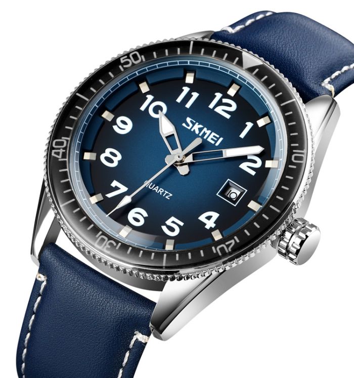 Skmei 9232LSIBU Silver-Blue-Leather Strap