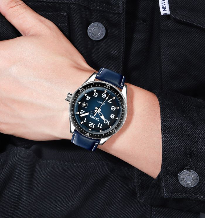 Skmei 9232LSIBU Silver-Blue-Leather Strap